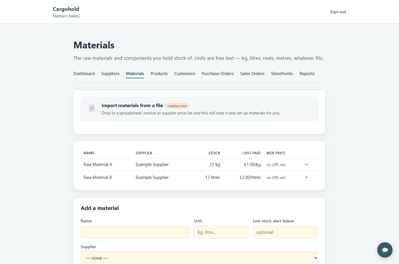 Cargohold materials screen showing stock levels, suppliers and prices
