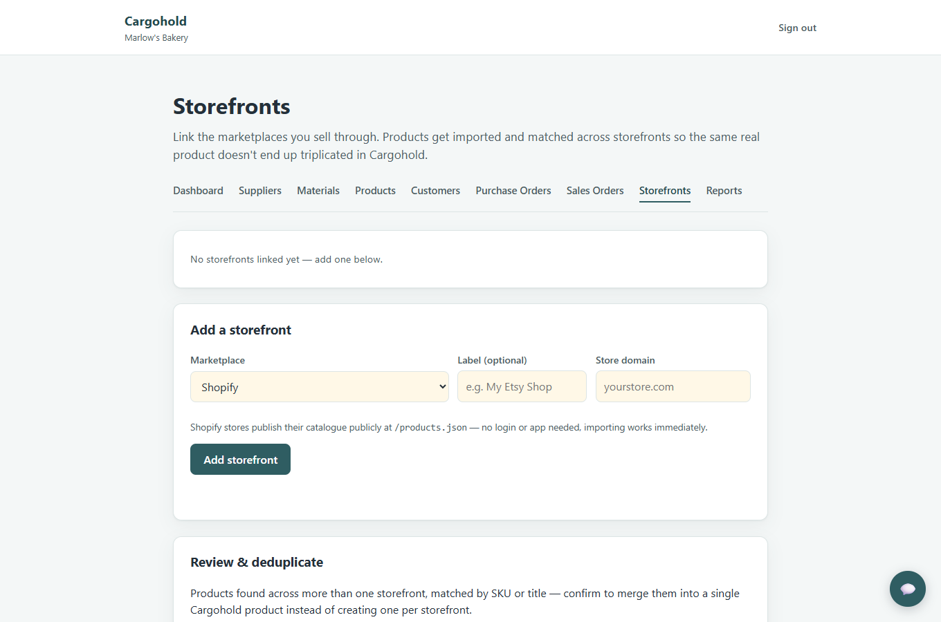 Cargohold storefronts screen for linking marketplaces and importing products